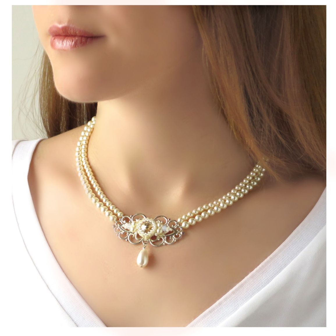 סט שרשרת רטרו פנינים וקריסטלים בגווני לבן -זהב או כסף ועגילים תואמים – תמונה 4